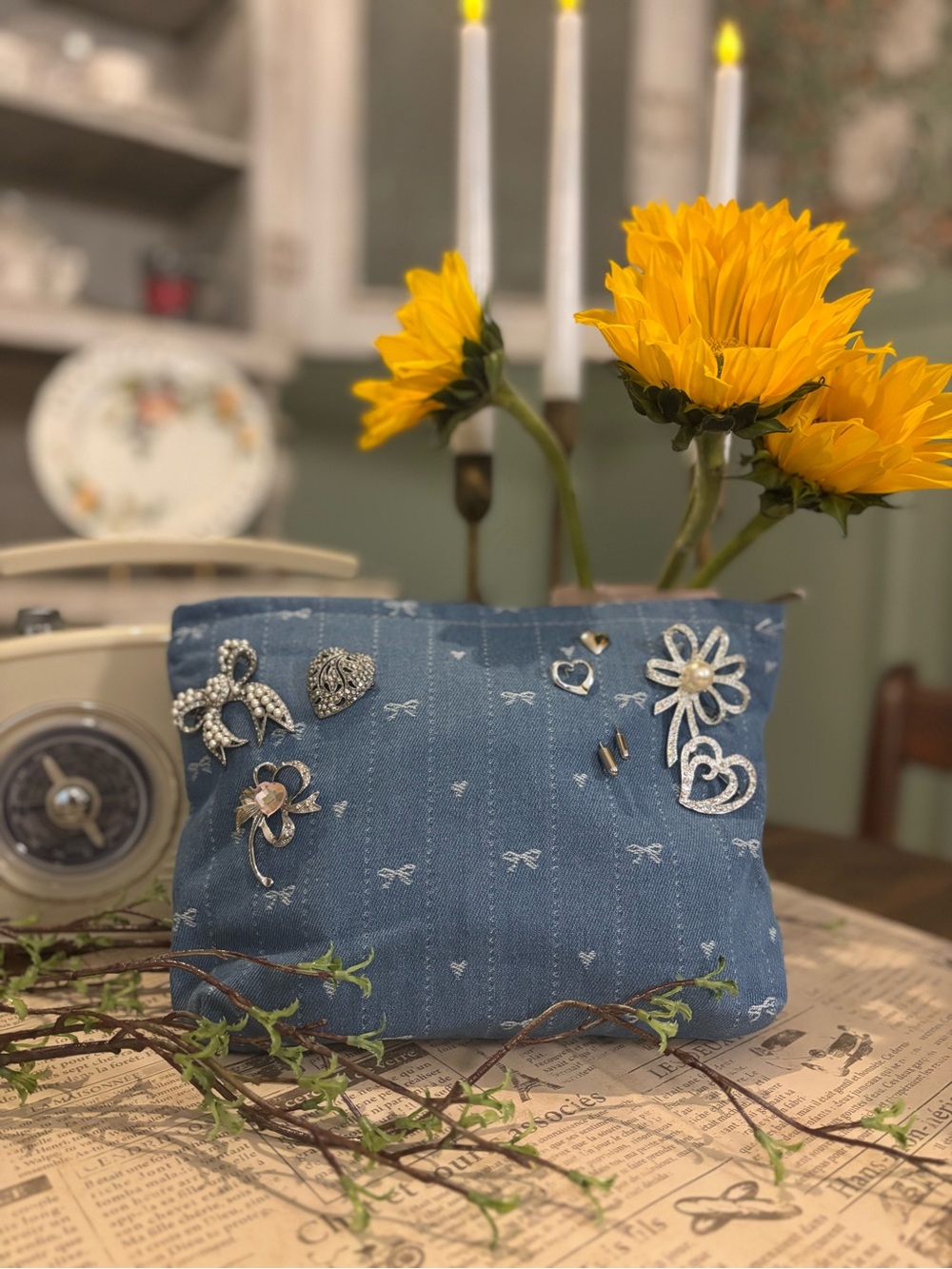 Denim Blue Quilted Cosmetic Pouch - Casual Jewelry Organizer